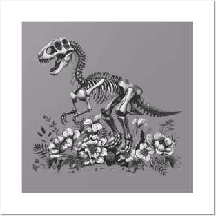 T-rex skeleton in flowers vintage Posters and Art